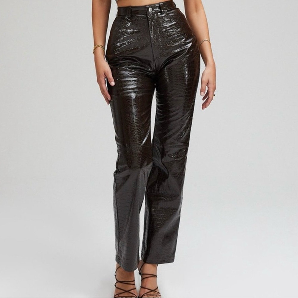 MISTRESS ROCKS LOS ANGELES High Waist Faux Croc Bootcut Dark Brown Trousers - Picture 2 of 14